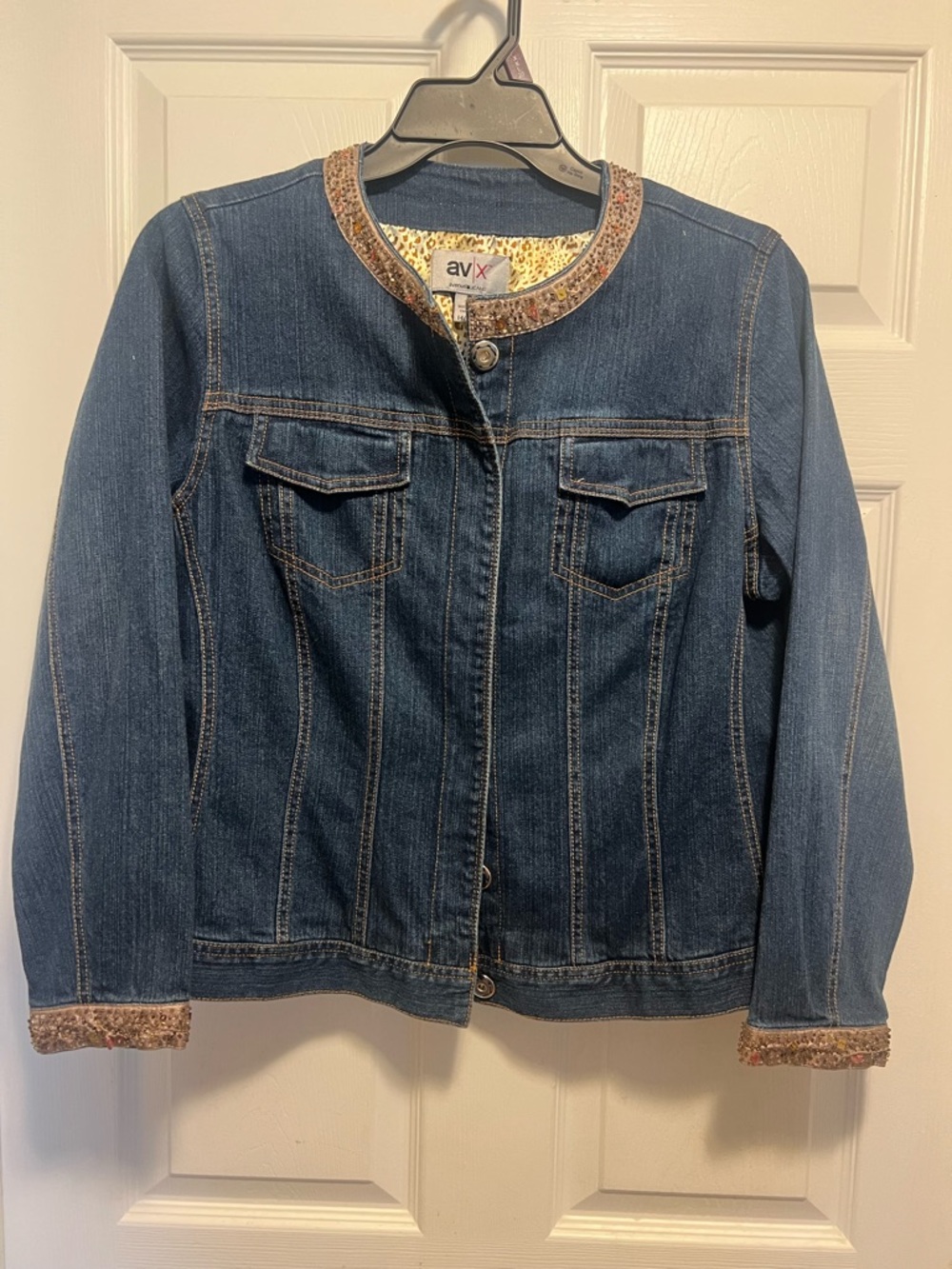 av x Women’s Dark Blue Denim Jacket with beaded Trim